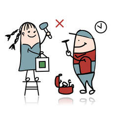 Woman and repairman, sketch for your design