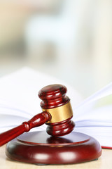 Wooden judges gavel lying on law book, close up