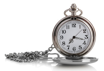 Silver pocket clock isolated on white
