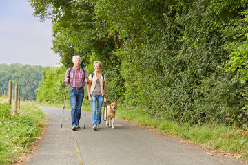 Senioren gehen Gassi mit Hund im Herbst