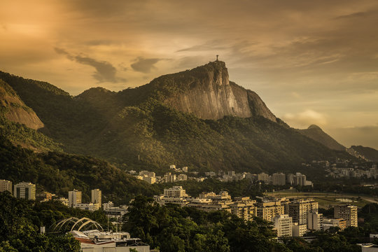 Sunrise view of Rio de Janeiro with Corcovado hill, Brazil