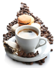 Gentle colorful macaroons and black coffee in mug isolated