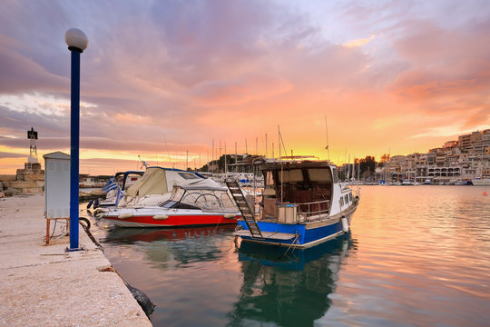 Sunset in Mikrolimano marina in Athens, Greece.