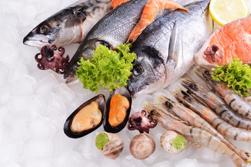 Fresh fish and other seafood on ice