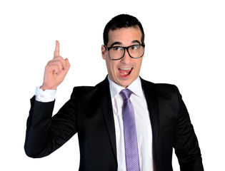 Business man funny pointing up