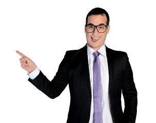Business man funny pointing side