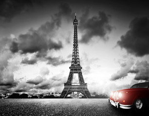 Effel Tower, Paris, France and retro red car. Black and white - obrazy, fototapety, plakaty