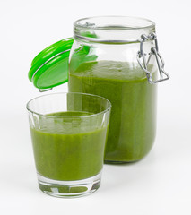 Green Smoothie In A Glass And In A Open Jar