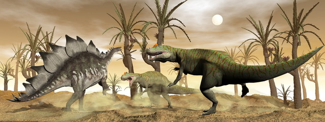 Allosaurus and stegosaurus dinosaurs fight - 3D render © Elenarts