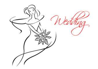 Outline silhouette of bride with flowers