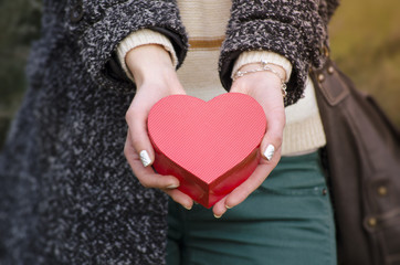 Woman's hands holding a heart shaped box