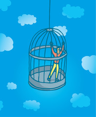 Tiny man prisoner on bird cage