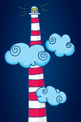 Tall lighthouse standing among clouds