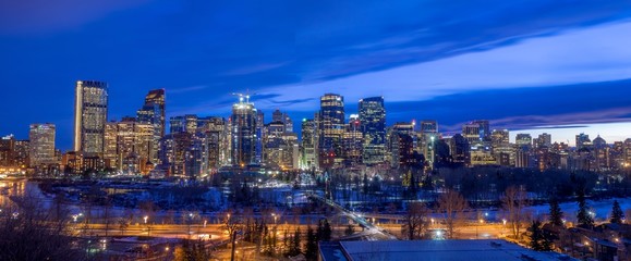Fototapeta na wymiar Skyscrapers in the urban core at dusk in Calgary