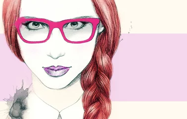 Cercles muraux Visage aquarelle femme à lunettes