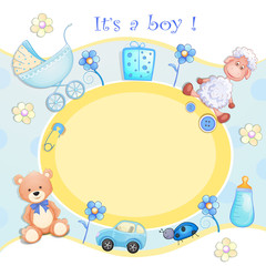 Baby shower card with toys.