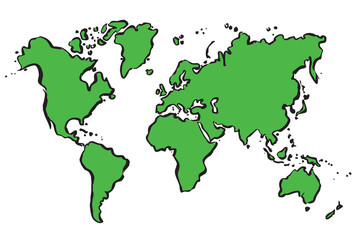 Green vector drawing map of The World.