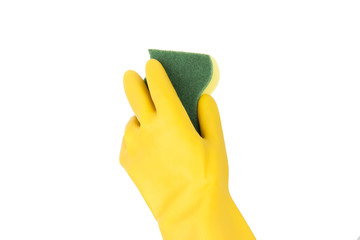 Hand in rubber glove isolated on white background