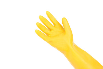 Hand in rubber glove isolated on white background