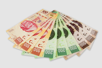 Set of Mexican peso bills.