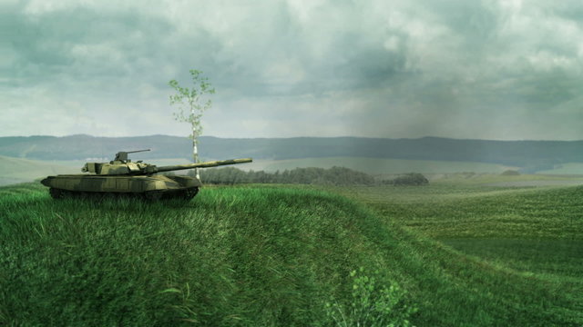 Army tank fires and recoils on a battlefield