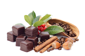 chocolate, coffee beans, cinnamon and nuts