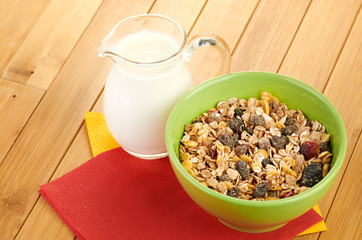 Delicious and healthy cereal in bowl with milk