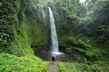 Huge tropical waterfall surrounded by lush green jungle