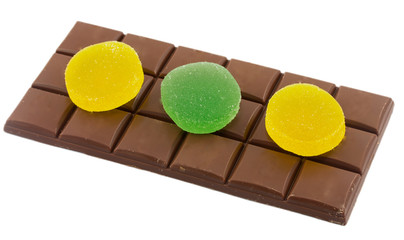 Chocolate bars and gelatin candy isolated on white background