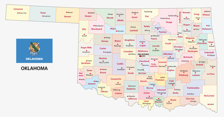 oklahoma administrative map with flag - obrazy, fototapety, plakaty