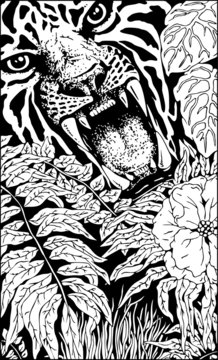 Wild Tiger Roar Doodle Art B&W