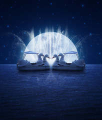 Swan pedal boat on fantasy sea sky fountain and moon night time