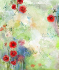 Panele Szklane Podświetlane  Czerwony kwiat maku z malowniczym tłem akwareli