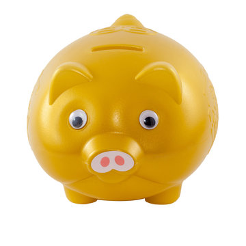 Golden piggy bank from front side, isolated