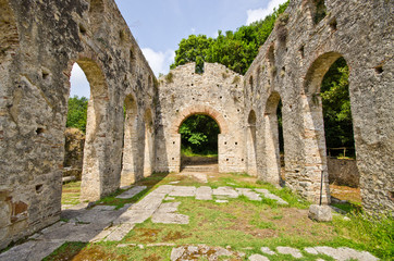 Fototapeta na wymiar Ruins of old basilica in Butrint, Albania