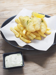 Fish and Chips on wooden table, Food cafe Restaurant