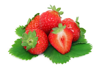 Pile of ripe strawberries with green leaves (isolated)