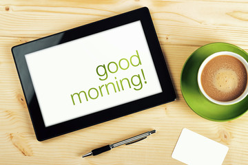 Good Morning Message on Tablet Computer Screen