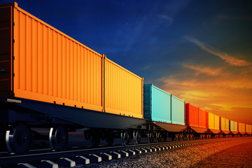 wagon of freight train with containers on the sky background - obrazy, fototapety, plakaty