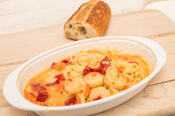 Shrimp in Angel Hair Pasta with Sauce and French Bread