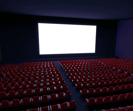 cinema screen with rows of red seats
