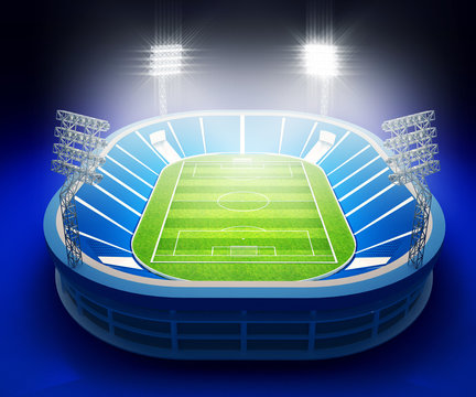stadium with soccer field with the lights on dark blue backgroun