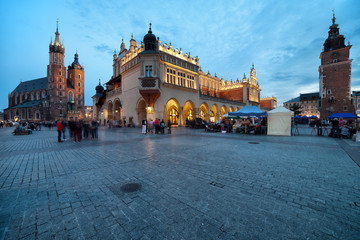 Fototapeta na wymiar Main Square in the Old Town of Krakow in Poland at Dusk