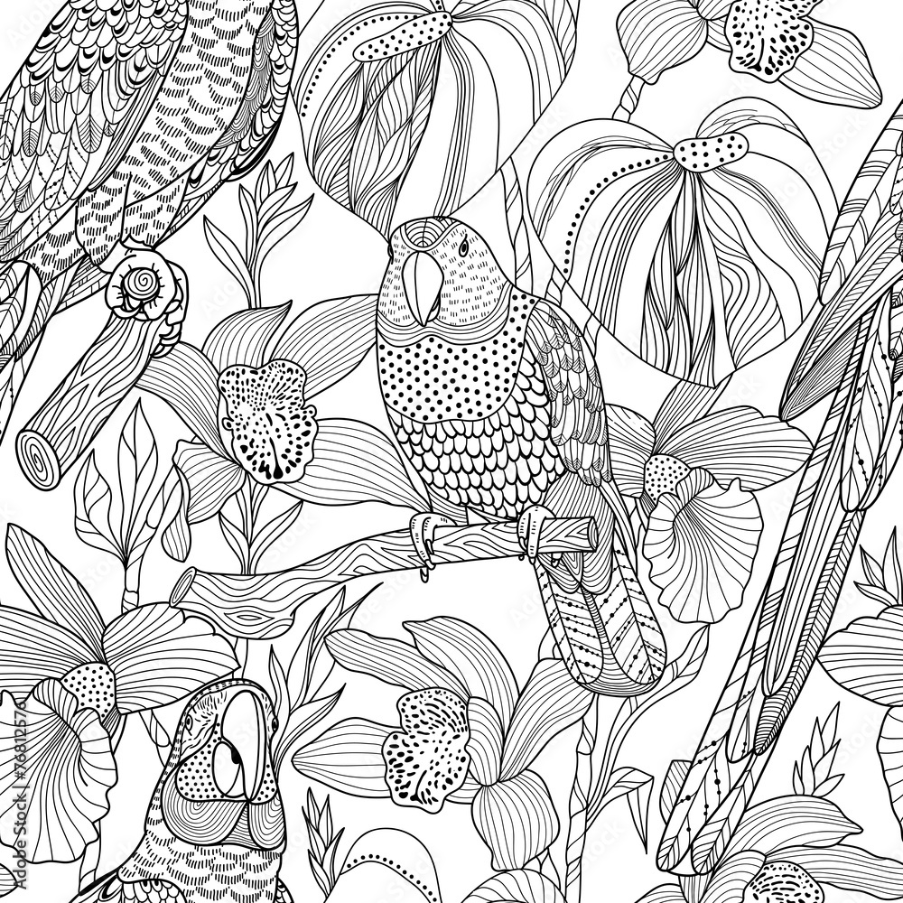 Aufkleber Parrots and tropical flowers. Vector seamless pattern