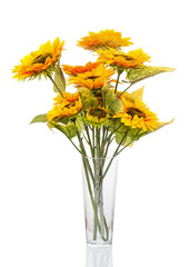 Composition from sunflowers in glass vase isolated on white back