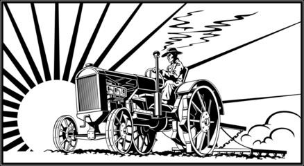 farmer on a tractor in a field retro, agriculture, vector illust © laleks