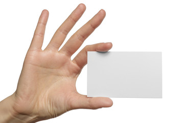 Woman holding blank business card in hand.