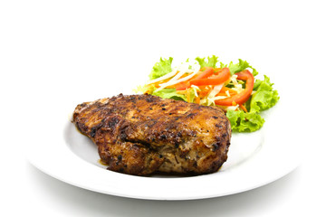 Grilled Chicken Steak with Salad isolated on white background.