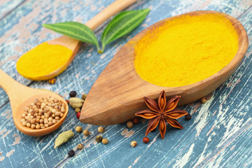 Tumeric powder, star anise, cardamon and coriander seeds