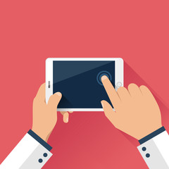 Hands holding digital tablet in flat design style